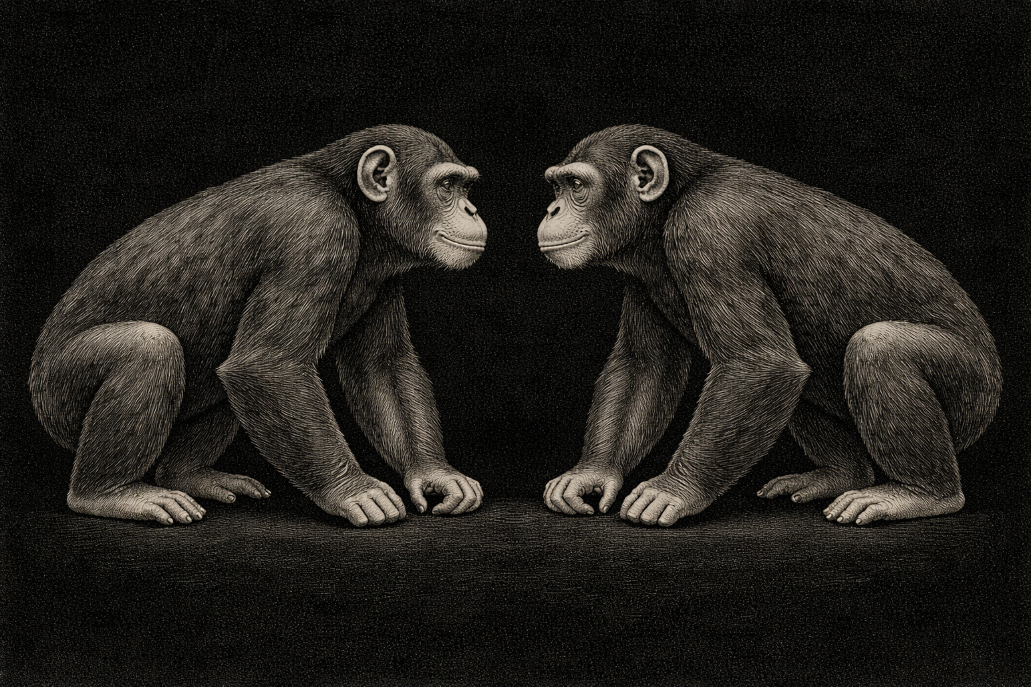 Two chimpanzees facing each other at equal height — symmetrical, balanced, neither dominant